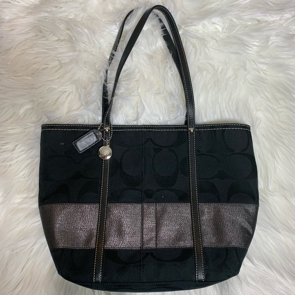 Coach Black & Silver Strip Signature Tote Bag